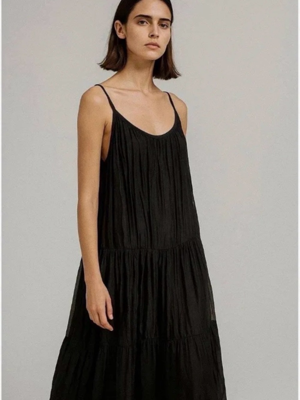 Billabong Black Tiered Spaghetti-Strap Silk Blend Maxi Dress